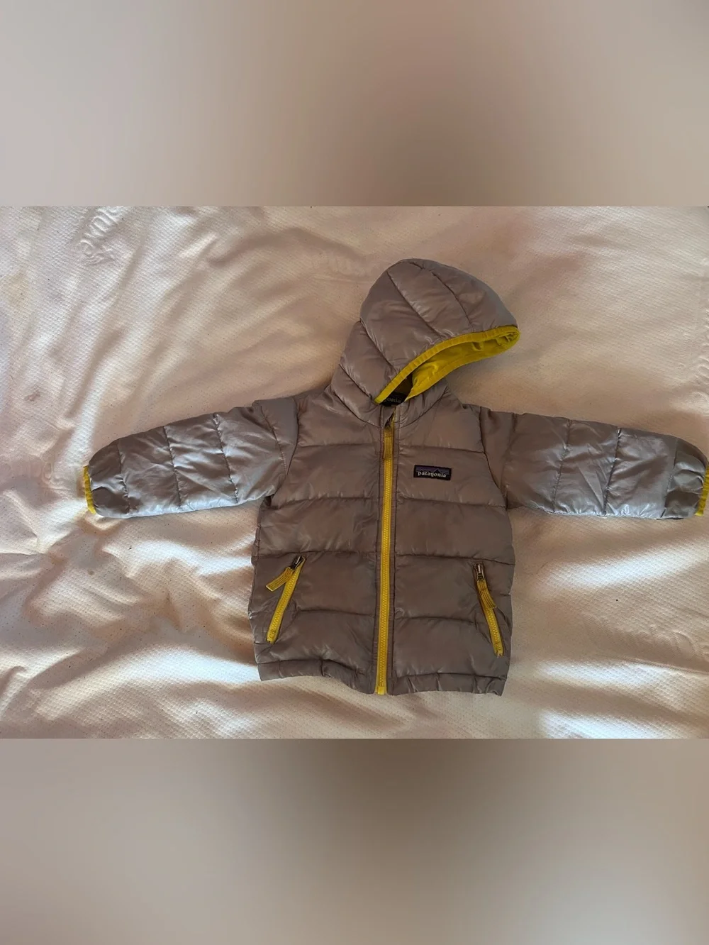 Patagonia Kids Gray Puffer Jacket with Yellow Accents (6-12 mo size)